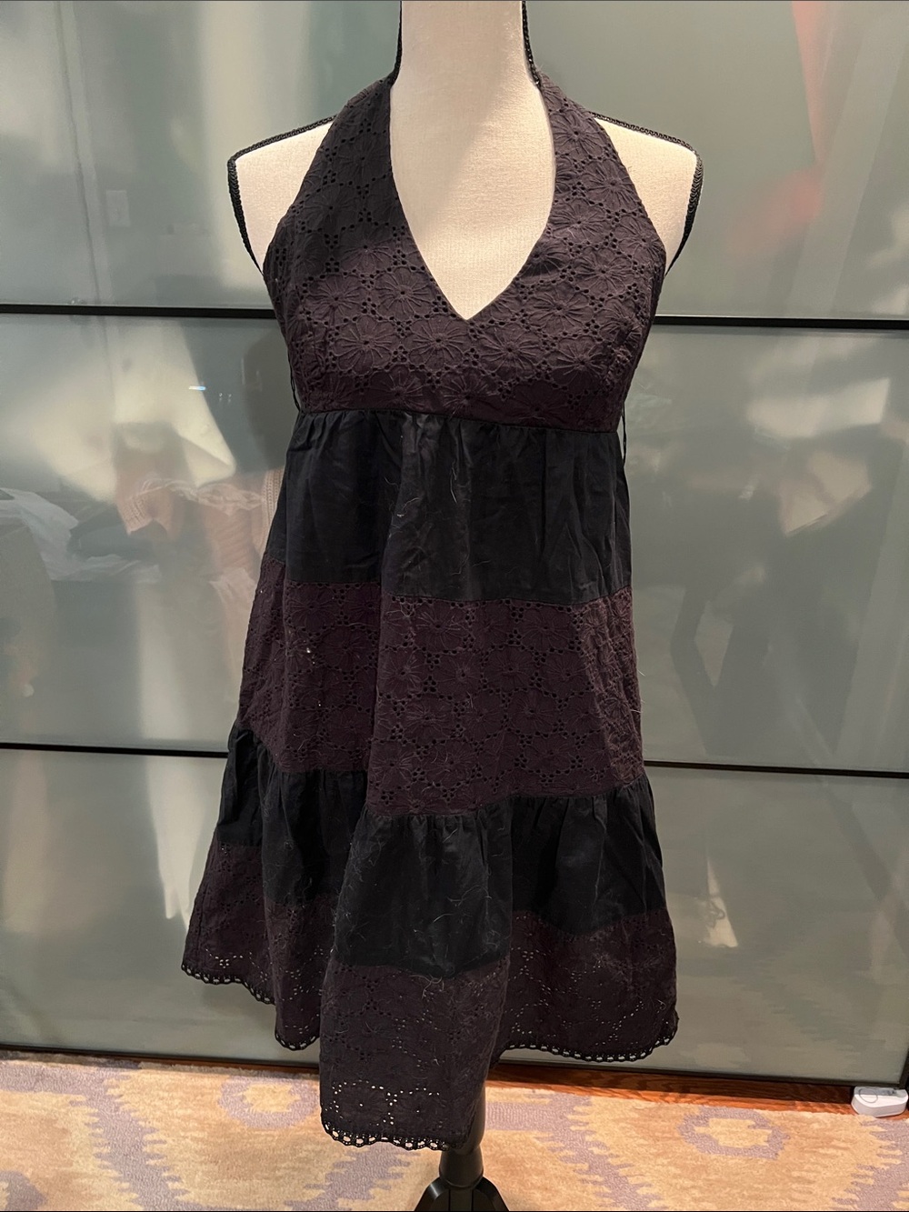 Maggy London Black Halter Eyelet Tiered Mini Dress